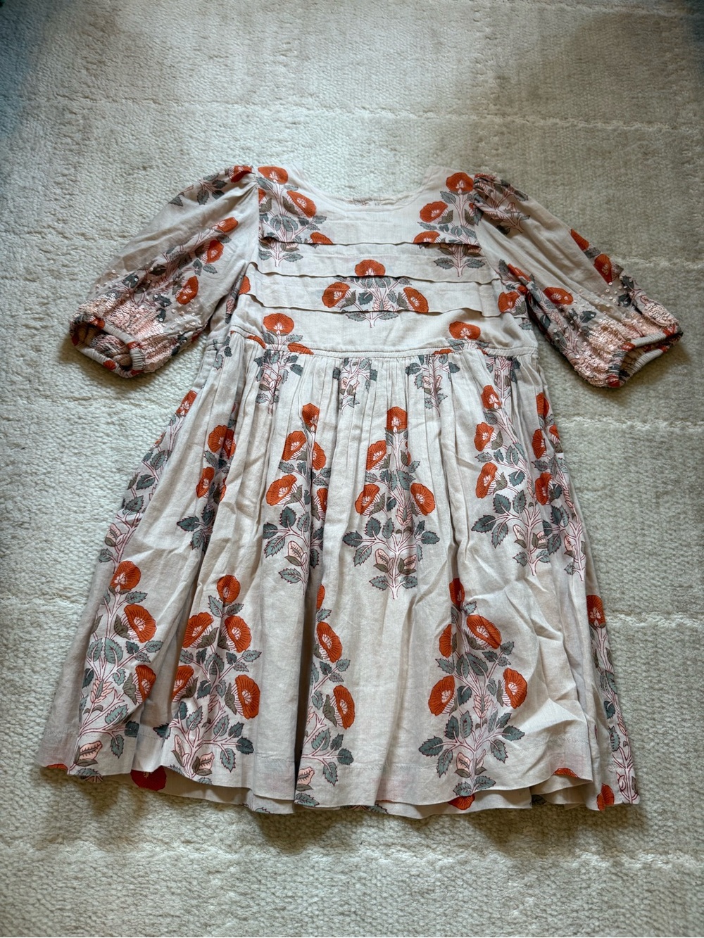 Pink Chicken Girls Floral Puff-Sleeve Dress in Pink & Orange